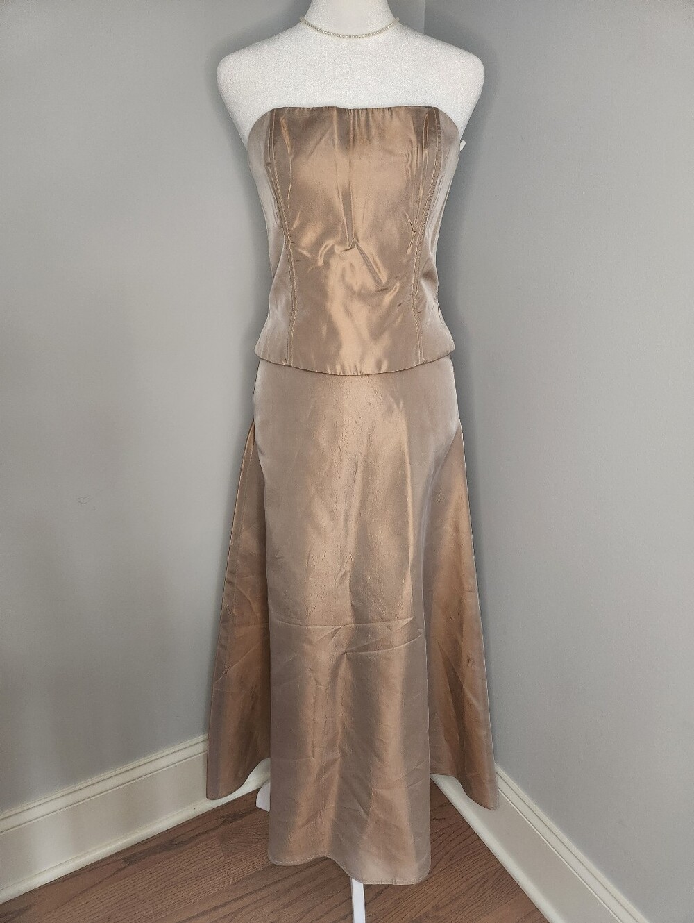 Jessica McClintock Strapless Metallic Taupe Taffeta Two-Piece Gown 4/6 VINTAGE